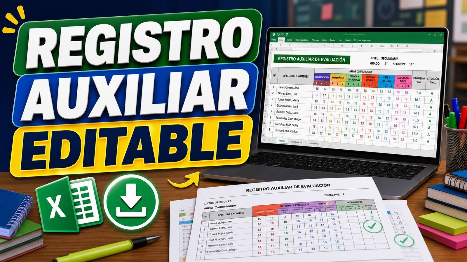 Registro Auxiliar por Bimestre Editable en Excel para Primaria y Secundaria