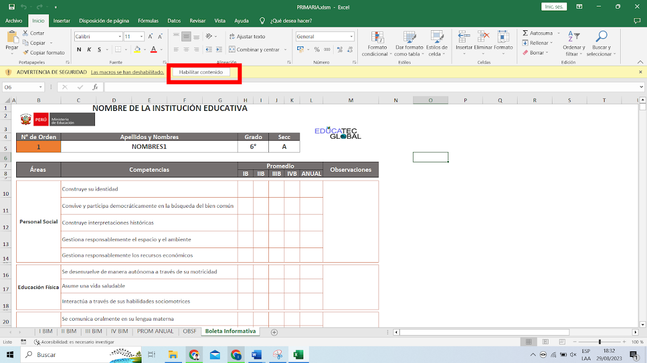 Detalle de hoja de registro auxiliar para evaluación